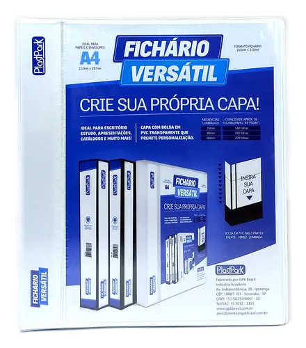 Fichário Personalizável A4 lombada 4 cm 4 Argolas para 240 Folhas Branco