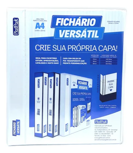 Fichário Personalizável A4 lombada 6 cm 4 Argolas para 420 Folhas Branco
