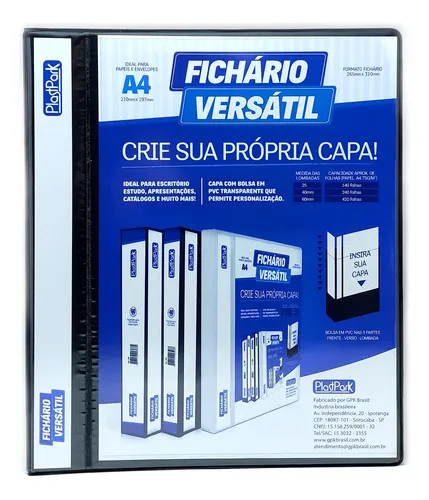 Fichário Personalizável A4 lombada 4 cm 4 Argolas para 240 Folhas Preto