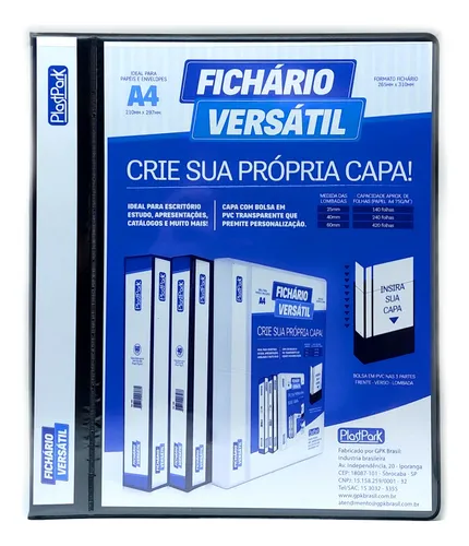 Fichário Personalizável A4 lombada 6 cm 4 Argolas para 420 Folhas Preto