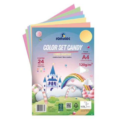 Color Set Candy A4 120 Alta Gramatura 24 Folhas 6 Cores Livro Criativo 22x30 cm Sortido Romitec