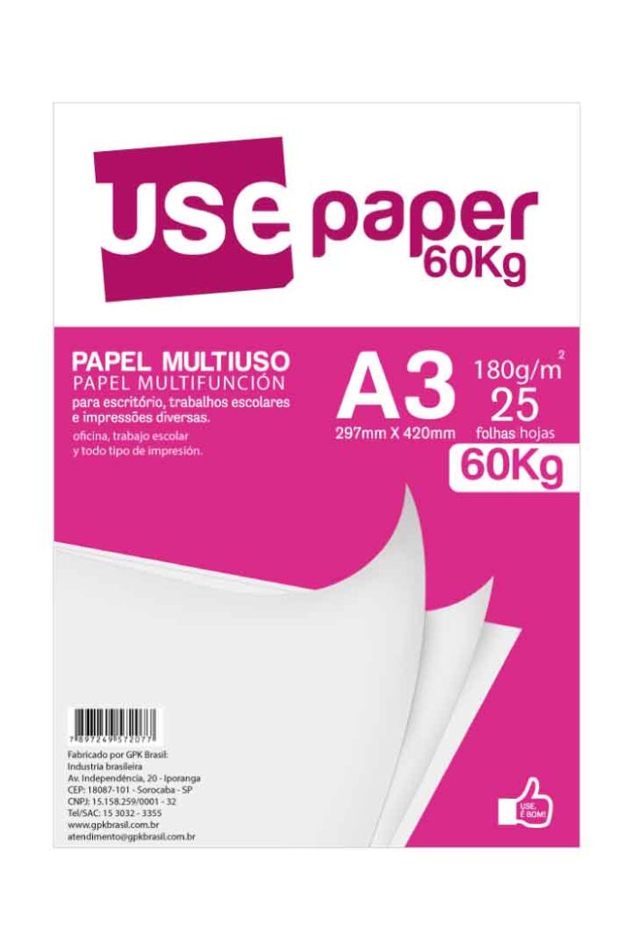 Papel A3 60 kg 180 GSM Sulfite Branco com 25 Folhas