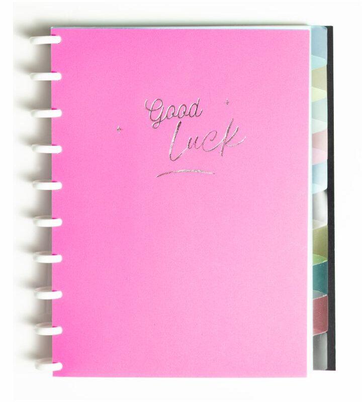 Caderno Universitário 50 Folhas Disco Capa PP com estojo régua e 10 divisórias Pink