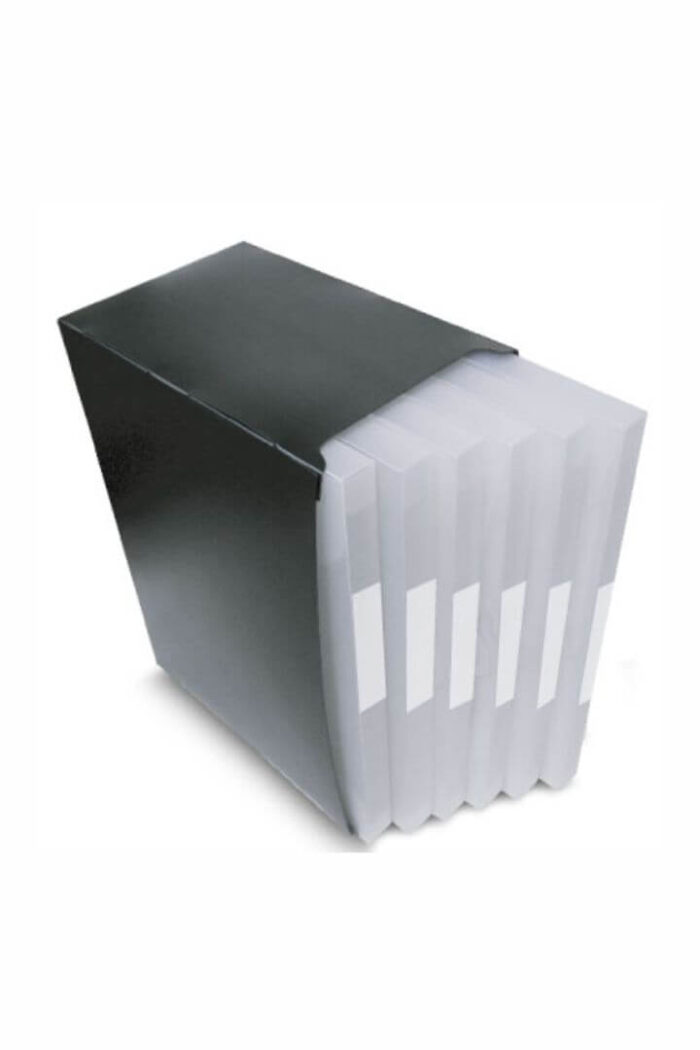 Caixa Organizadora de mesa PP com 6 Pastas aba encaixe 240mm X 320mm dorso 20 mm Preto/Incolor