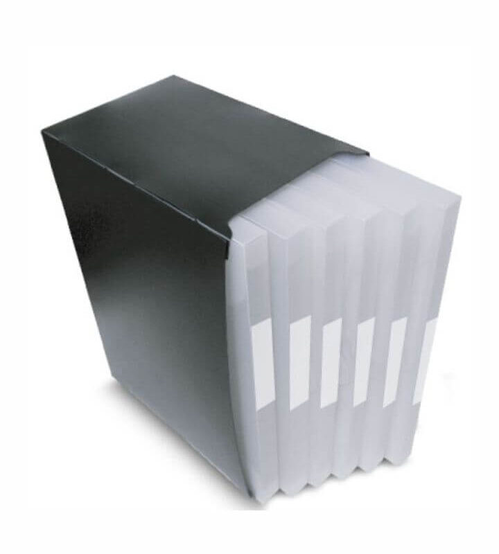 Caixa Organizadora de mesa PP com 6 Pastas aba encaixe 240mm X 320mm dorso 20 mm Preto/Incolor