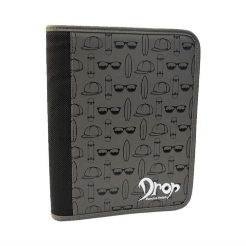 Fichário Costurado Ofício Drop com Zíper Lombo Preto com Textura PVC 28x36 cm Cinza PlastPark