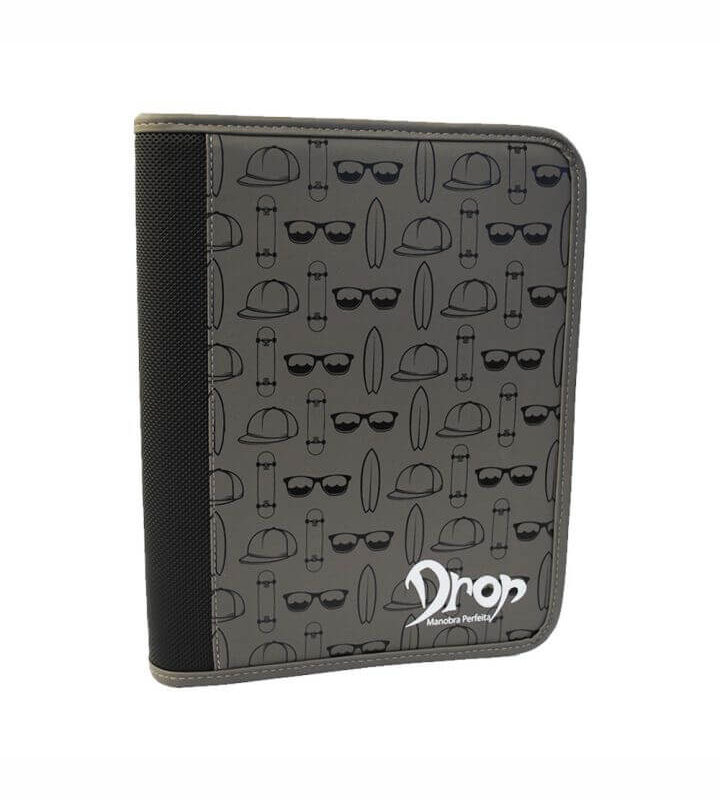 Fichário Costurado Drop com Zíper Lombo Preto com Textura Cinza