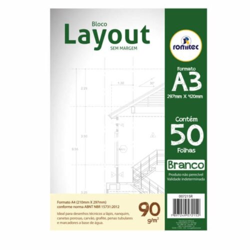 Bloco de Layout A3 50 Folhas Lisas de 90 g/m² 30x42 cm Branco Romitec