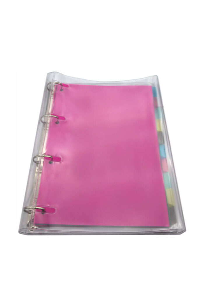 Fichário PVC Universitário 4 Argolas com 96 folhas e 10 divisórias Cristal/Rosa
