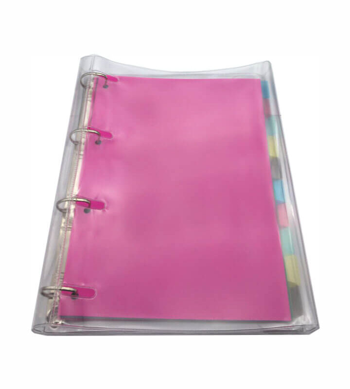 Fichário PVC Universitário 4 Argolas com 96 folhas e 10 divisórias Cristal/Rosa