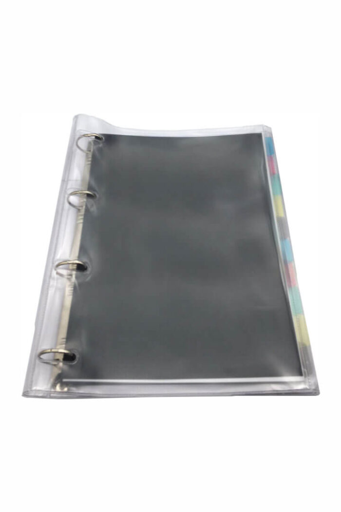 Fichário PVC Universitário 4 Argolas com 96 folhas e 10 divisórias Cristal/Preto