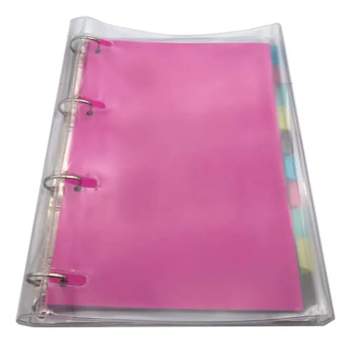 Fichário Universitário PVC 4 Argolas 96 Folhas e 10 Divisórias Cristal 22x30 cm Pink PlastPark