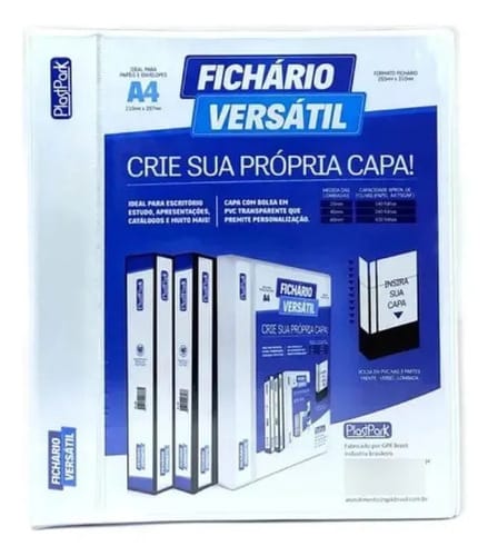 Fichário Personalizável A4 Lombada 4 cm 2 Argolas para 240 Folhas PVC 26x31 cm Branco PlastPark - Imagem 2
