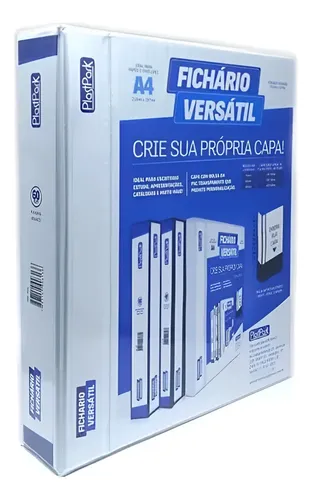 Fichário Personalizável A4 Lombada 6 cm 4 Argolas para 420 Folhas PVC 26x31 cm Branco PlastPark