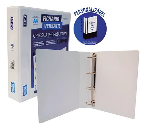 Fichário Personalizável A4 Lombada 6 cm 4 Argolas para 420 Folhas PVC 26x31 cm Branco PlastPark - Imagem 4