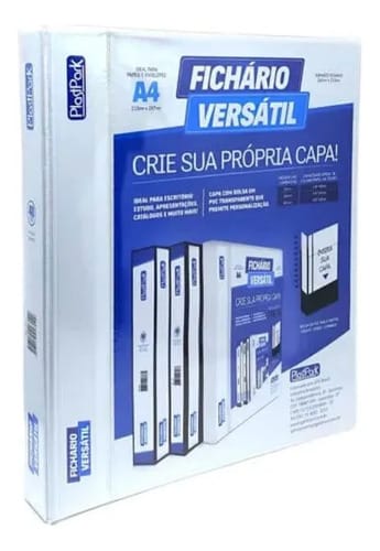Fichário Personalizável A4 Lombada 4 cm 2 Argolas para 240 Folhas PVC 26x31 cm Branco PlastPark