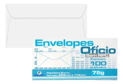 Envelope Ofício 75 g/m² Caixa de Cartão 11x23 cm Branco 100 Unidades Romitec - Imagem 2