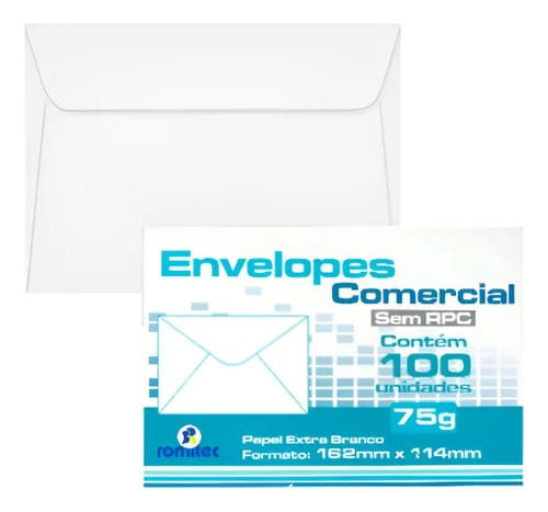 Envelope Comercial Carta 75 g/m² Caixa de Cartão 11x16 cm Branco 100 Unidades Romitec - Imagem 2
